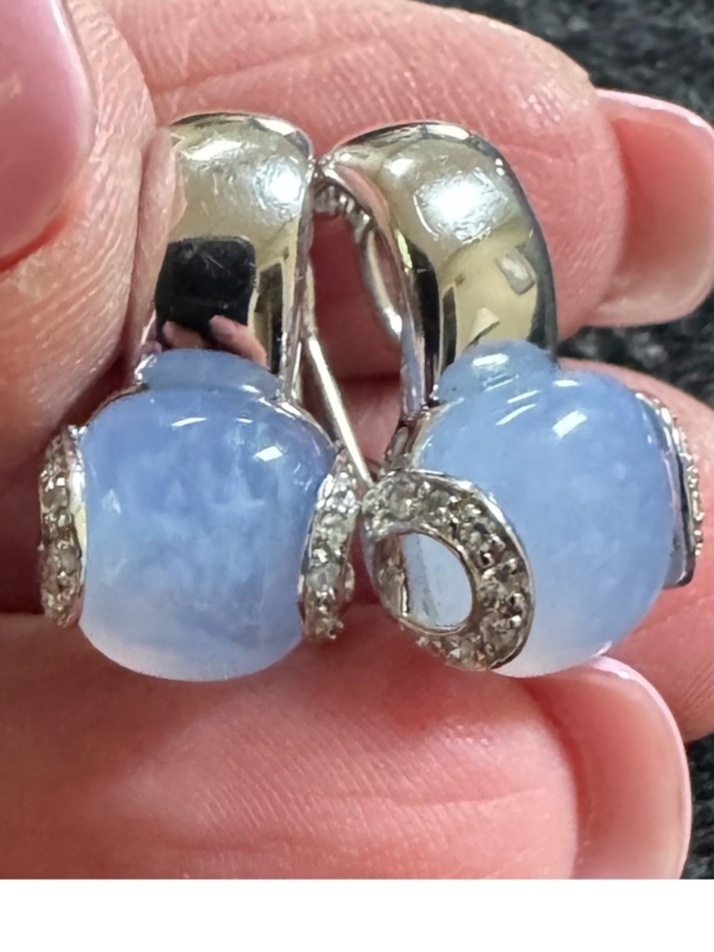14k Diamond & Blue Chalcedony Cabachon Omega Back Earrings